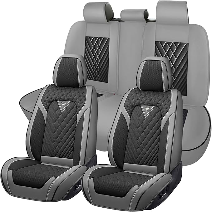 Truck Seat Covers for GMC Sierra 1500 2007-2026, Waterproof Premium Leather Full Coverage Car Seat Cover, Muscle Sport Style Auto Interior Seat Cover Sets (Full Set/Gray Black)