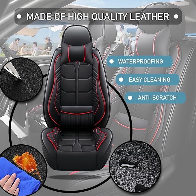 Leather Car Seat Covers Fit for Toyota Sienna 1997-2024, 5 Seater Car Seat Cover, Premium Waterproof, Scratch Resistant Car Interior Accessories (Full Set with Pillow Black Red)