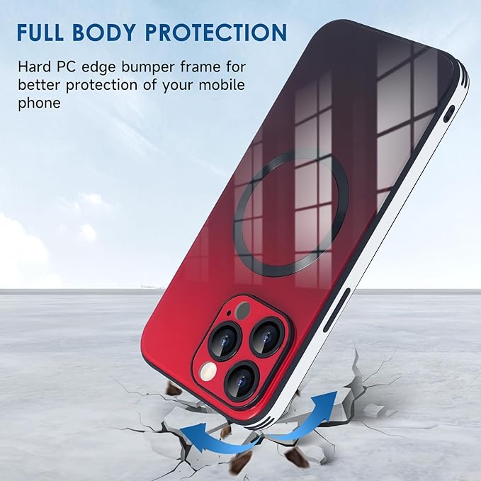 Guppy Compatible with iPhone 15 Pro Max Case Magnetic, with Full Camera Lens Protector [Compatible with MagSafe] Scratch Resistant Gradient Glass Back Cover Phone Case-Red