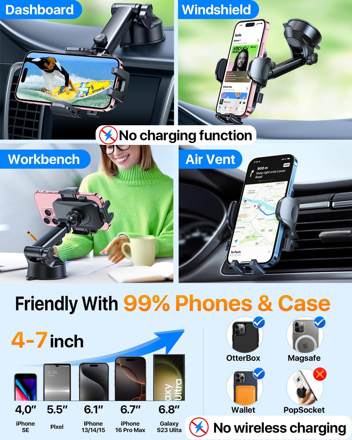 HTU [True Military-Grade] 2025 Upgraded Car Phone Holder 【Safety Certs & No Smell】 Cell Phone Holder for Car Mount for Dashboard Windshield Air Vent Long Arm Thick Case,Grey