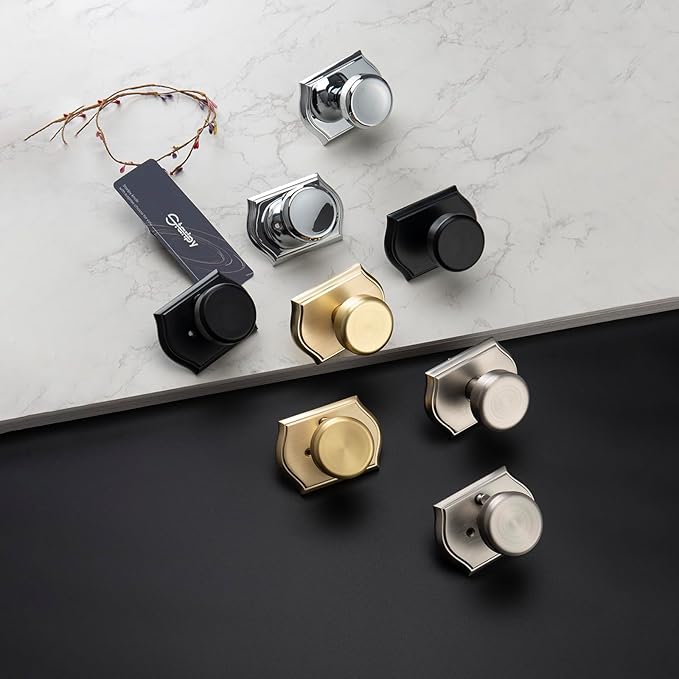 6 Pack Pismo Doorknobs for Bath & Bedroom, Gold Interior Door Knobs with Camelot Trim, Satin Brass Door Knob with Lock