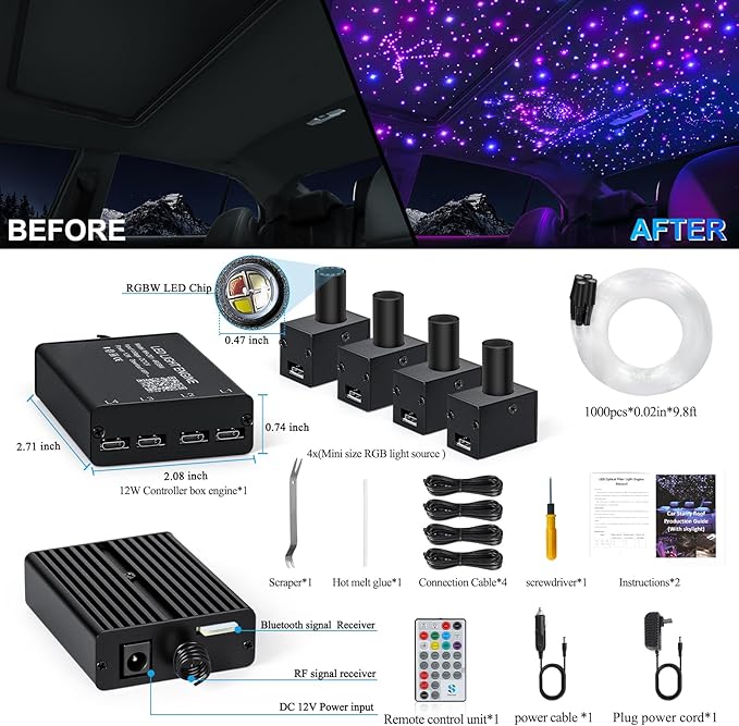 Split 4 Colors 12W Car Starlight Headliner Slim Kit 1000pcs*0.02in*9.8ft with APP&RF Remote,RGBW Fiber Optic Starlight Kit,4 Port Engine Sound Activated Star Lights for Ceiling Car Roof/Home Decor
