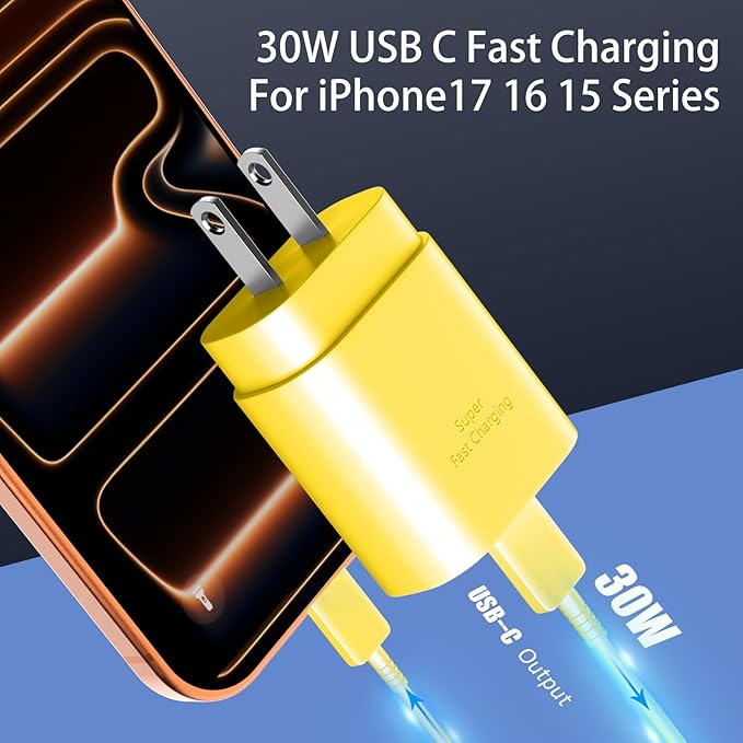 Phone 17 16 15 Charger Fast Charging,30W USB C Phone 17 16 15 Pro Max Charger Block &10FT Long Type C Cable Cord for i.Phone 17/Air/17 Pro/17 Pro Max/16/16 Plus/16 Pro/16 Pro Max/15/15 Pro Max,Yellow
