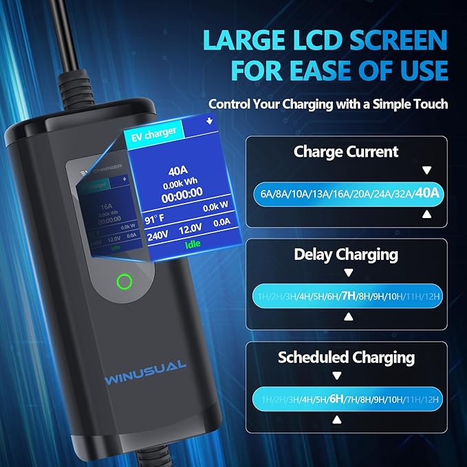 Portable Level 2 EV Charger, Adjustable 40A Electric Car Charger J1772, 240V NEMA 14-50 Plug EVSE Home Charging Station with 25ft Cable and Carry Bag