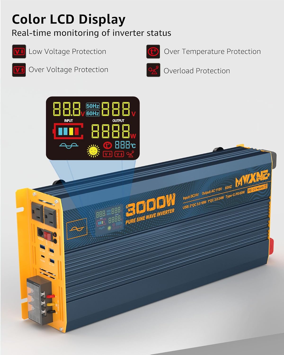 3000W Pure Sine Wave Power Inverter DC 24V to 110V 120V AC with 4 Quick Charging USB Ports& Dual AC Outlets Power Inverters for Vehicles RV Truck Home with LCD Display and Remote Controller