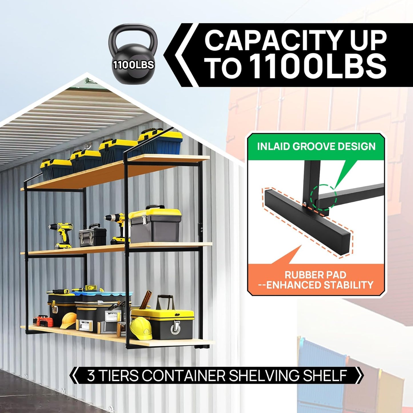 2 Pack Shipping Container Shelving Shelf Capacity up to 1100 lbs, 3 Tiers Shipping Container Hanging Bracket Shelf Rack Shipping Container Accessories for Cargo Storage