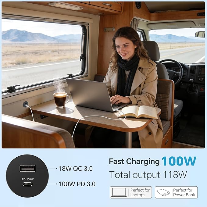 Acegoo 118W 12V USB Outlet 100W Type-C Laptop Car Charger,18W QC3.0 USB-A Dual Port Fast Charging Socket, Replacement Car Charger Accessories for RV Camper Trailer Truck Boat Golf (1Pcs)