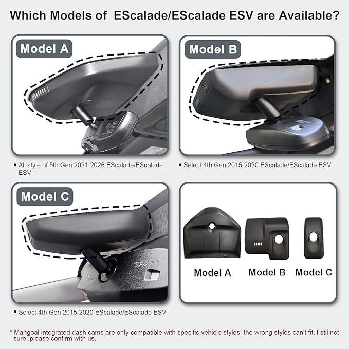 Mangoal Front 4K & Rear 1080p Dash Cam for Cadillac Escalade/Escalade ESV 2015-2020(Model B), Model B & Model C Have Same Models Years but Vehicle Sensor Cover are Different, WiFi & App, 128GB Card