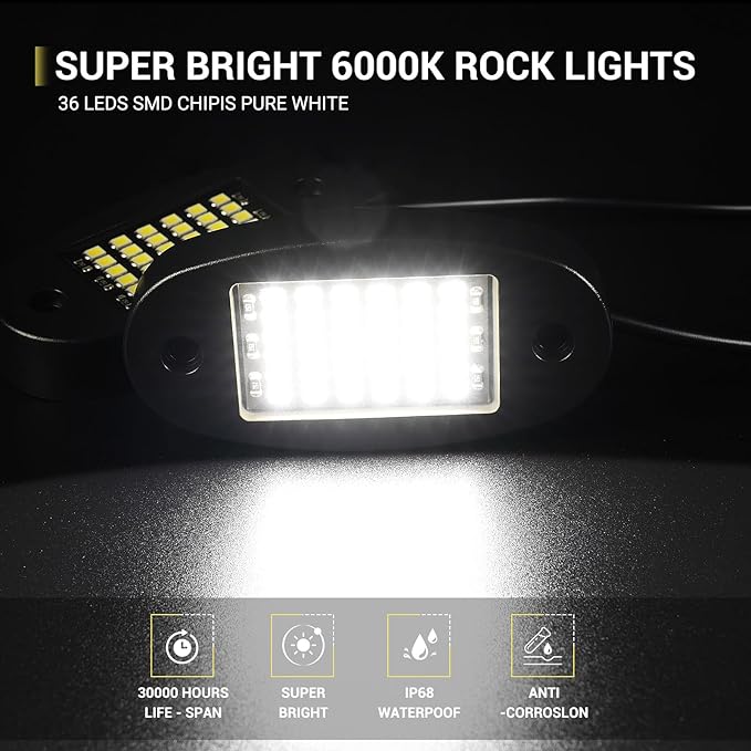 Hovano 4 Pods White Rock Lights 6000K Pure White 36 LEDs SMD Chips Super Bright Neon Underglow Light IP68 Waterproof for Pickup Trucks SUV UTV ATV RZR Car Boats (White)