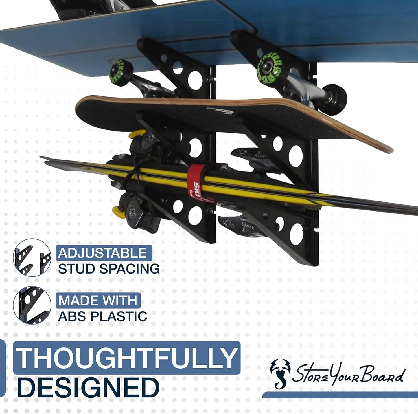 StoreYourBoard Ski Wall Rack – Horizontal Ski Rack Wall Mount, Holds 3 Pairs of Skis and Poles, Ski and Snowboard Wall Rack for Garage or Home, Holds Up to 40 lbs