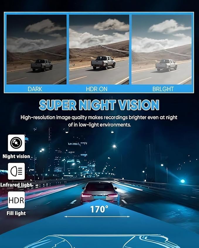 Car Dash Cam Front Rear 360 Full View 4K Dual Security 24HR Rechargeable 4 Channel Mirror Rearview Interior Auto Video On-Dash Mounted Driving Recorder Truck Electronics Accessory(64G)