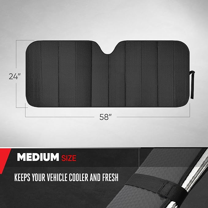 Motor Trend Windshield Sunshade for Car, Truck & SUV, Black - Folding Sun Shade for Front Window, Auto Sun Visor Heat Protection, UV Rays Blocker (58 x 24 Inch)