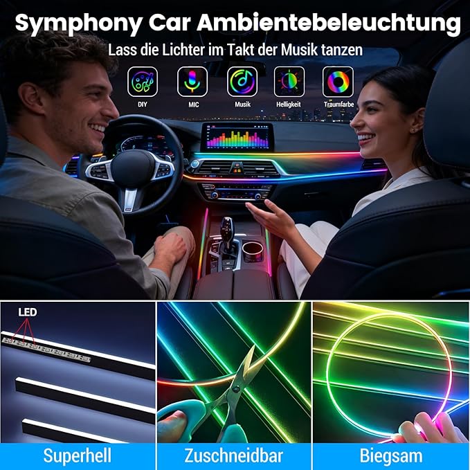 HMYC Dream color Acrylic Interior Car Lights, 2 Pieces 110cm/43.3inch 128 Colorful Car LED Strip Light RGB Fiber Optic Rainbow Ambient Lighting bar, Universal Decoration Dynamic Atmosphere Neon Lights