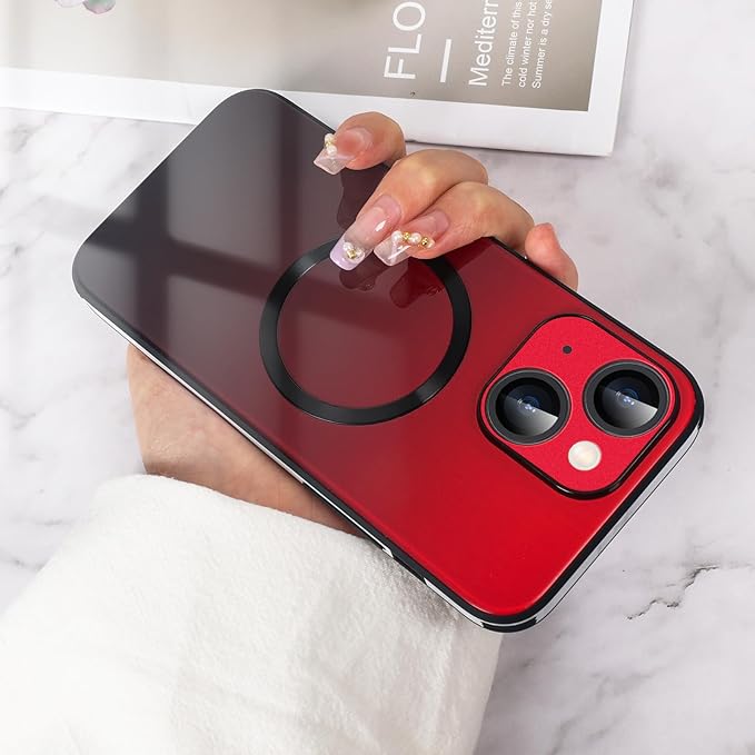 Guppy Compatible with iPhone 15 Plus Case Magnetic, with Full Camera Lens Protector [Compatible with MagSafe] Scratch Resistant Gradient Glass Back Cover Phone Case-Red