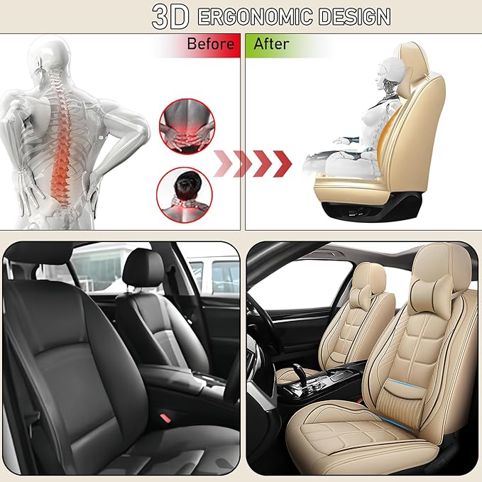 Leather Car Seat Covers Fit for Toyota Sequoia 2001-2024, 5 Seater Car Seat Cover, Premium Waterproof, Scratch Resistant Car Interior Accessories (Full Set with Pillow Beige)