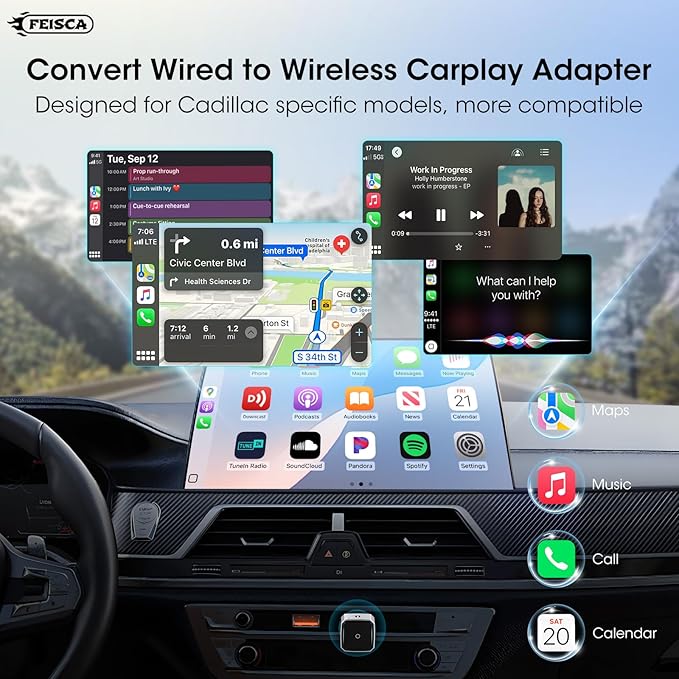 Wireless Carplay Adapter for iPhone, Convert Wired to Apple Carplay Wireless Adapter, Mini Size, Plug and Play, Connection Stable No Delay Car Play for Cadillac Specific Models