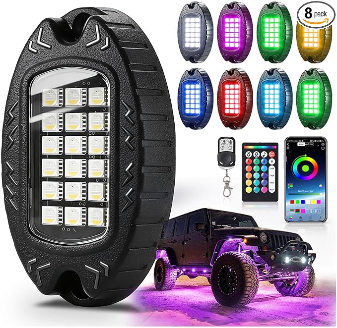 8Pods Heavy Duty Aluminum RGBW LED Rock Lights Kit for Jeep Trucks UTV ATV Golf Cart RZR SXS 4Wheeler Off-Road Vehicles, APP & RF Remote, Plug & Play Pre-Wired, Waterproof 12V Underglow Accent Light