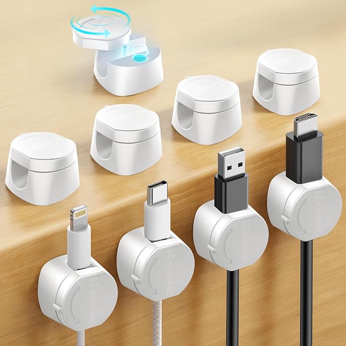 Kanemc Cable Clips Cord Holder for Desk, 360° Spin Magnetic Wire Organizer Self Adhesive Cord Management for Office Desks Cars Home Kitchen Electronic Accessory (White, 9 PCS)