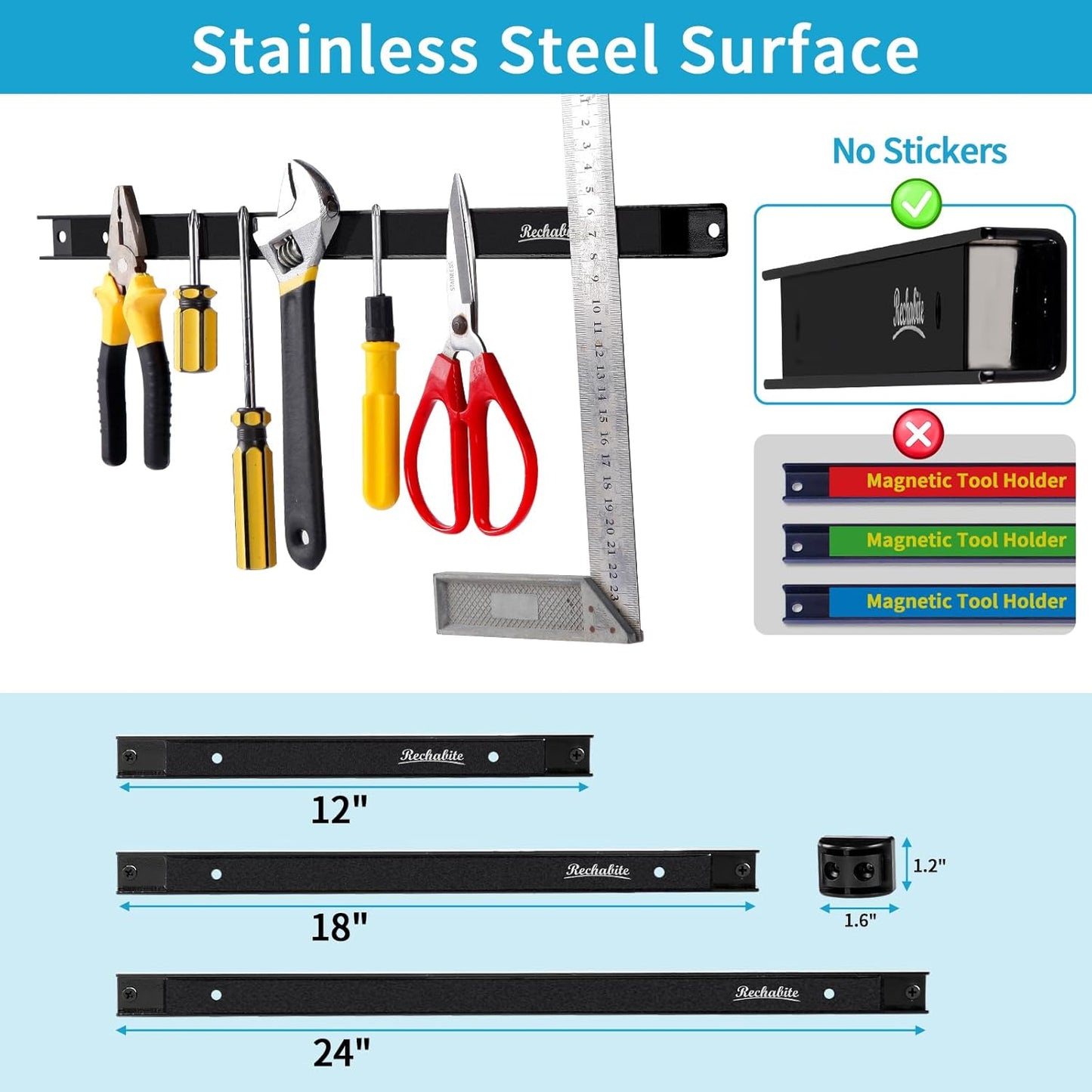 6 Pieces 12" Magnetic Tool Holder Strip, Black Magnet Bar, Metal Tool Organizer Rack for Garage Organization, Easy To Install in Workshop, Mounting Screws Included