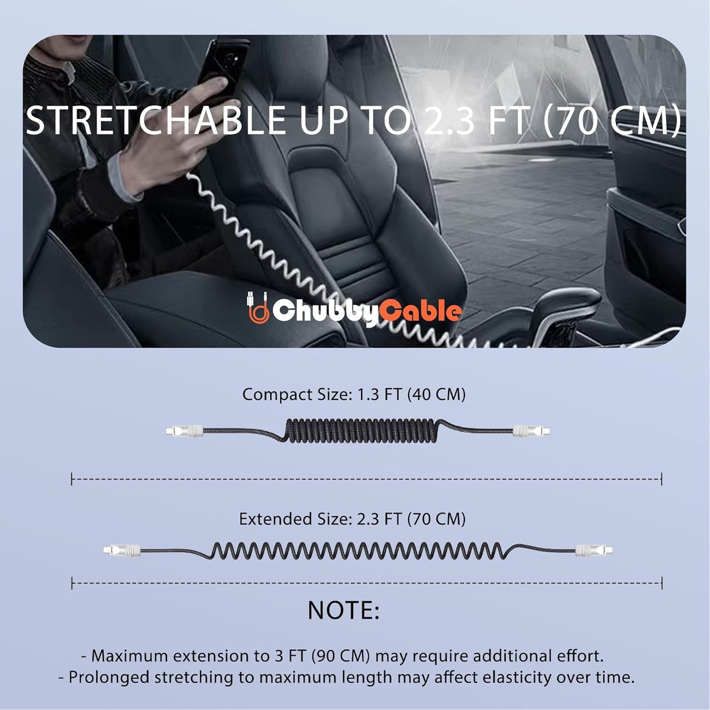 chubbycable Curly Chubby - Retractable Fast Charging Cable 240W Coiled Charger Cord for Car Durable USB-C Cable for Phones, Tablets and More, Orange, USB-A to Type-C, 1.3FT-2.3FT
