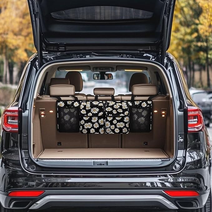 White Daisy Trunk Organizer for Car Auto Hanging Seat Back Storage with Adjustable Straps for SUVs, Vans, Cars Cargo Bag,Car Accessories
