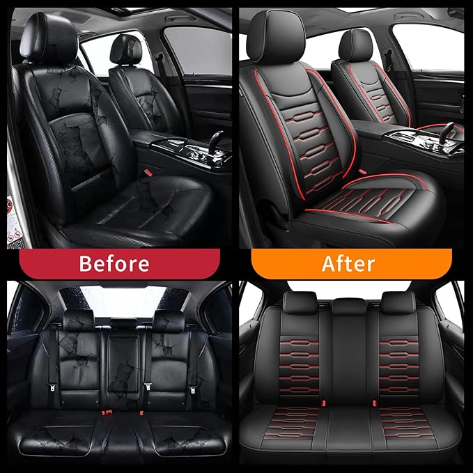 Fit Santa Cruz Car Seat Covers for Hyundai Santa Cruz 2022-2025 2026-Upgraded Premium Waterproof & Breathable Leather,Airbag Compatible, All-Weather Seat Cushion Protector (Full Set,Black+Red)