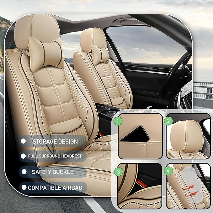 Leather Car Seat Covers Fit for Toyota Yaris Sedan 2019-2020, 5 Seater Car Seat Cover, Premium Waterproof, Scratch Resistant Car Interior Accessories (Full Set with Pillow Beige)