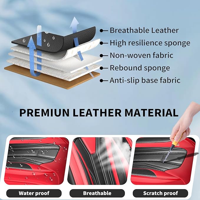 Fit Kicks Car Seat Covers， Compatible with Nissan Kicks 2018-2026 -Premium Leather, Waterproof Breathable All-Weather Seat Cushion Protector Airbag Compatible（2 Seats Front Pair，Red & Black
