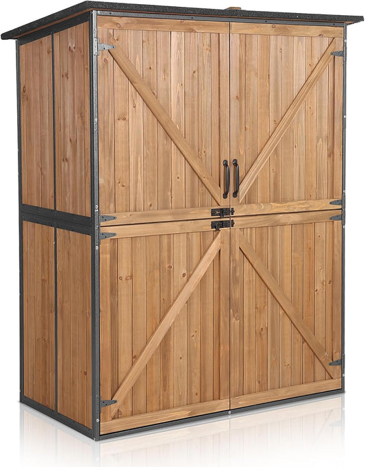 Outdoor Storage Shed with Floor - Waterproof Natural Fir Cabinet with Adjustable Shelves and Double Lock for Anti-Theft - Suitable for Storing Garden Tools, and Household Debris (Brown)