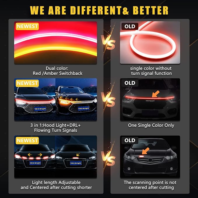 Sequential Turn Signal Led Light Strip Dynamic Scan Start Up Hood Lights Flexible DRL Daytime Running Light for Car,Truck,SUV,Dual Color Red Amber Flowing Switchback 12V 70inch /1.8M (1Set)