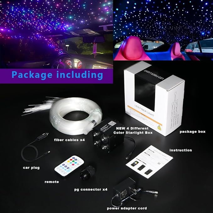 AZIMOM 4Port 36W Twinkle 2000pcs 0.03in 13.1ft Fiber Optic Starlight Headliner Kits 4Colors Light Source Sound Activated Remote APP Control Home Indoor Ceiling Car Headliner Decoration