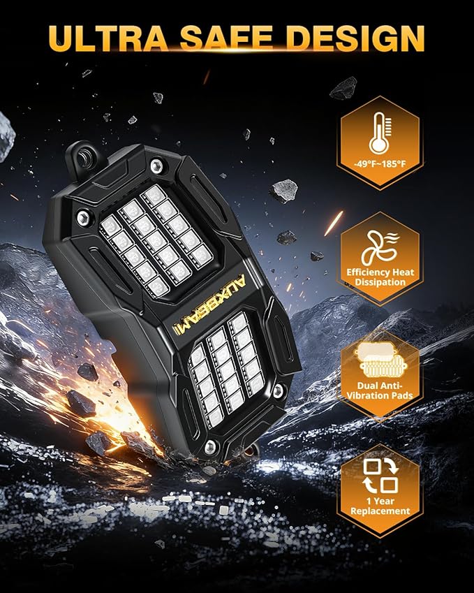 Auxbeam 4 Pods RGB LED Rock Lights Dynamic Color Changing with Brake Mode Wheel Well Lights w/Bluetooth APP+Remote Control Music Voice Sync IP67 Waterproof Underglow Kit for Trucks ATV 1 Year Warranty