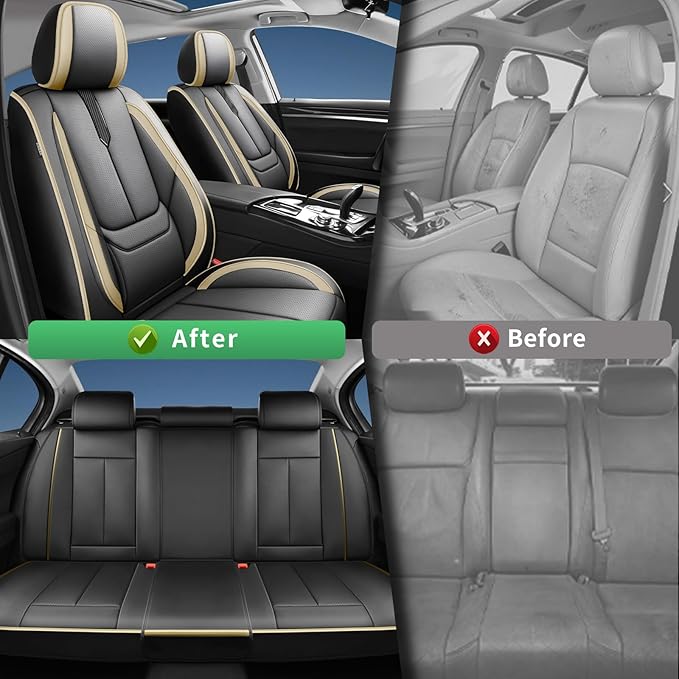 Fit Tucson Car Seat Covers for Hyundai Tucson 2010-2024 2025 2026 -Upgraded Premium Waterproof & Breathable Leather,Airbag Compatible,All-Weather Seat Cushion Protector,Full Set,Black-Beige