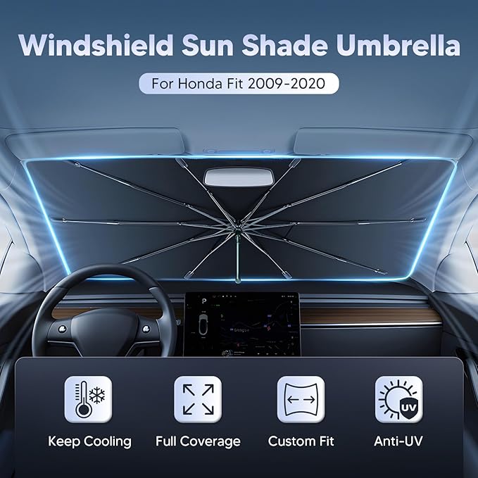 Autorder Windshield Sun Shade Umbrella for 2015-2020 Honda Fit Accessories,Upgraded Ice Crystal Material,Easy Setup Umbrella Sunshade for Car Windshield,100% Sun Blocking