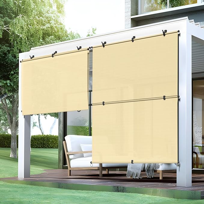 Bynbbur 4'W x 7.5'H Outdoor Patio Shades Foldable Roller Blinds, 220 GSM Sun Shade Roll Up Porch Screens Exterior Shade Cloth for Deck Pergola Backyard, Beige