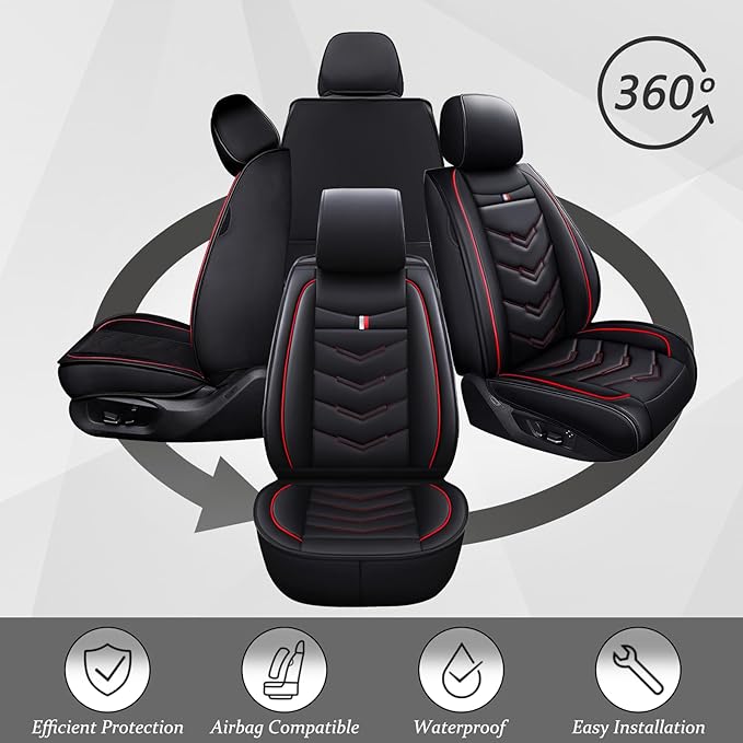 Car Seat Cover 7 Seats for Ford Explorer 2000-2025, Waterproof Durable Compatible Airbag, Premium Leather Seat Protector(7 Seats Luxury,Black Red)