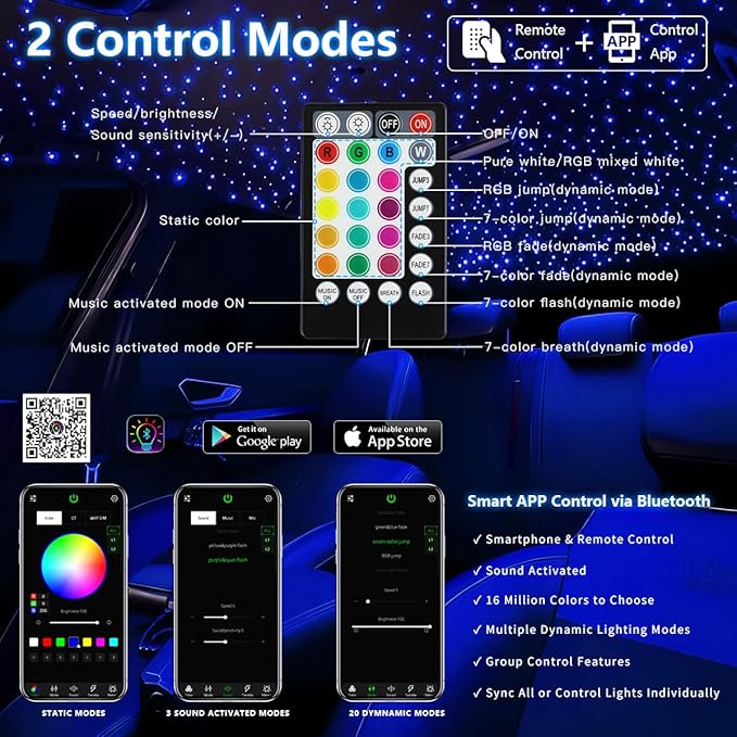 Small Size 16W RGBW APP Fiber Optic Lights, Music Activated 150pcs*0.03in(6.5ft/2m) Optical Fiber Star Ceiling Light Kit for Car Headliner Star/Home