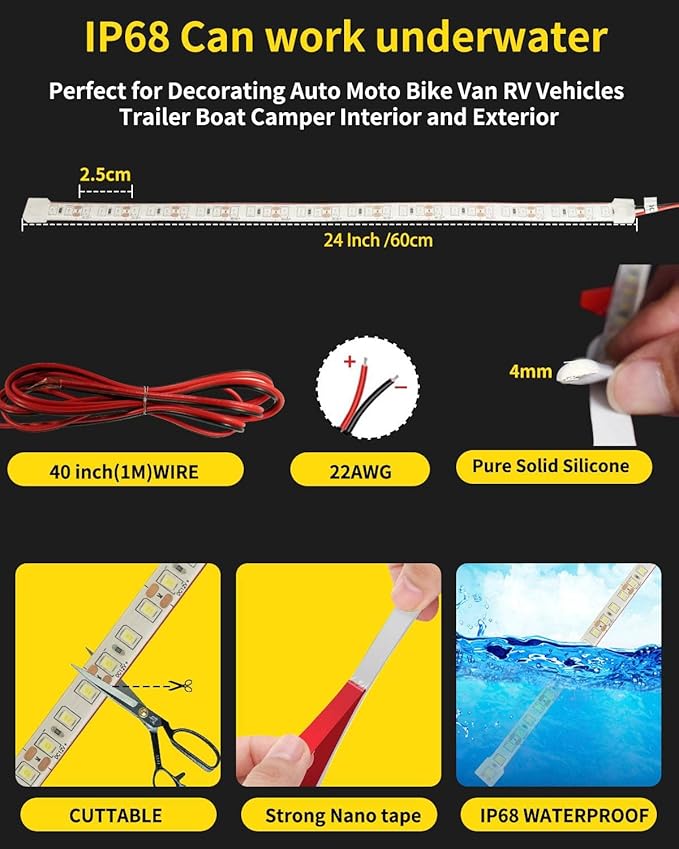 YM E-Bright Car Led Strip Lights Cuttable Underwater Marine Underglow Led Lighting for Boat Motorcycle Trucks Golf Cart Interior Exterior Waterproof IP68 24inch 60CM 72SMD 12v,White(Pack of 4)