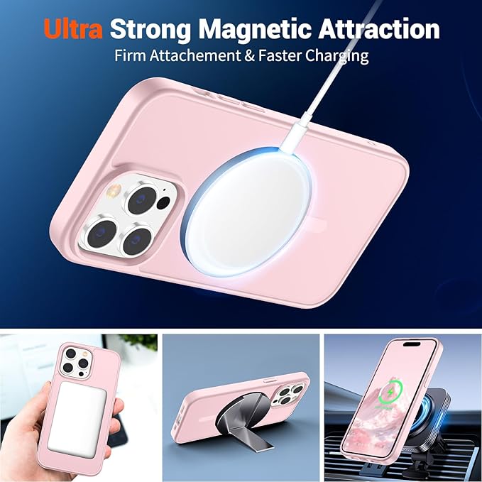 SUPFINE Magnetic for iPhone 14 Pro Case with Screen Protector (Compatible with MagSafe) (Military Grade Drop Protection) Translucent Matte Shockproof Phone Cover,Light Pink