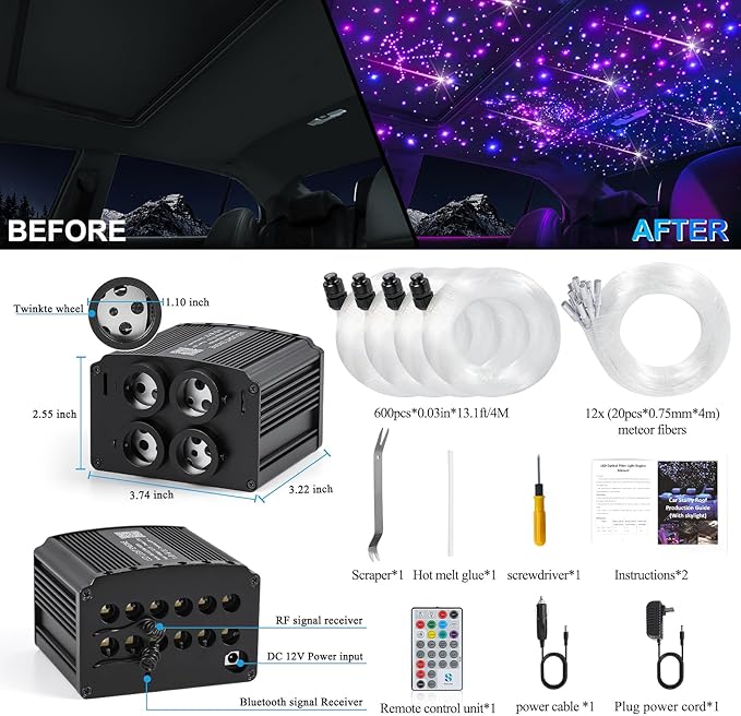 Car Starlight Headliner Kit, 4 Colors 32W Twinkle & Meteor Fiber Optic Ceiling Lights, 2 in 1 Light Engine 600pcs*0.03in*13.1ft+240 RGBW Shooting Stars Headliner Lights for Car Roof Décor