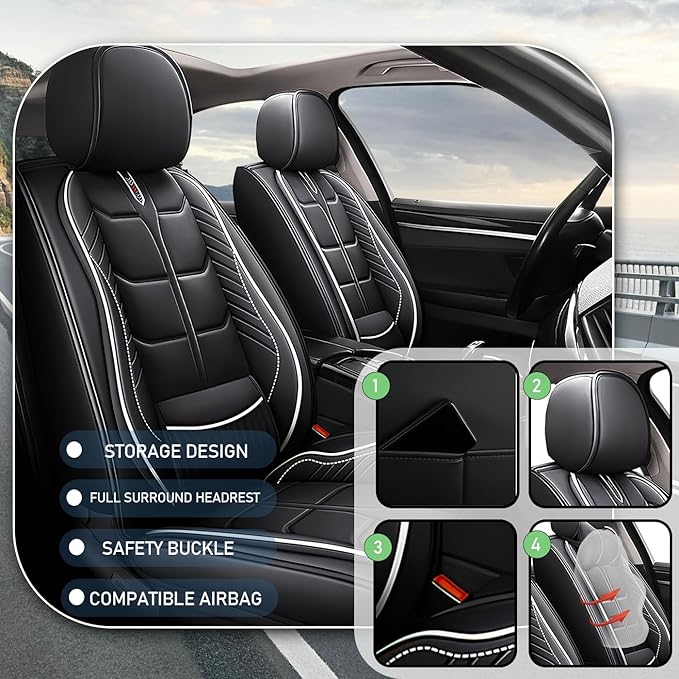 Leather Car Seat Covers Fit for Toyota RAV4 Prime 2021-2024, 5 Seater Car Seat Cover, Premium Waterproof, Scratch Resistant Car Interior Accessories (Full Set Black White)