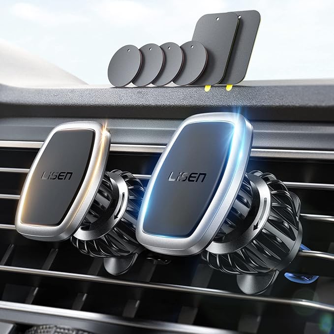 LISEN 2 Pack Magnetic Phone Holder for Your Car - 6 Military Magnets Vent Cell Phone Mount (Silver)