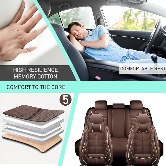 Leather Car Seat Covers Fit for Toyota Echo 2000-2005, 5 Seater Car Seat Cover, Premium Waterproof, Scratch Resistant Car Interior Accessories (Full Set with Pillow Coffee)