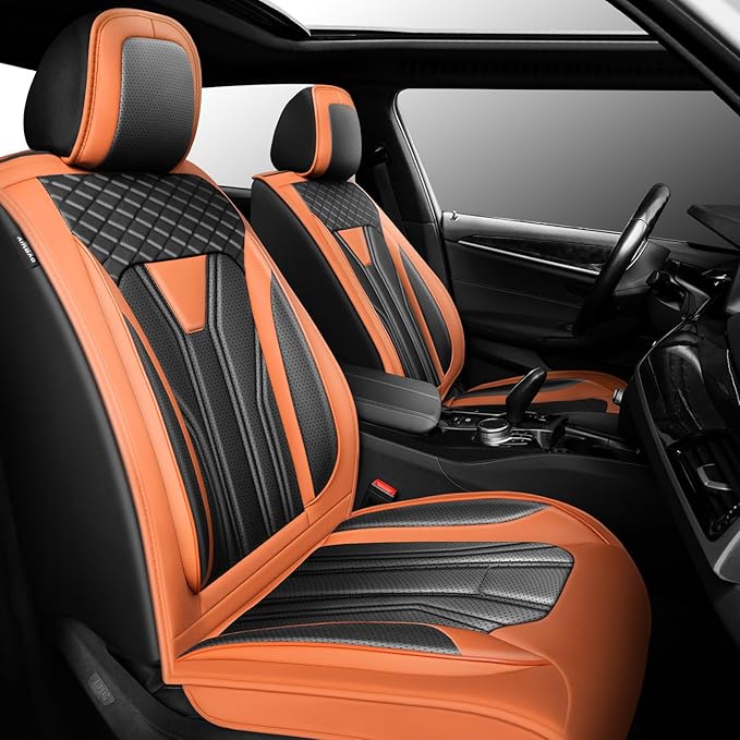 Fit Murano Car Seat Covers Compatible with Nissan Murano 2004-2025 2026 - Premium Leather， Waterproof Breathable， All-Weather Seat Cushion Protecto&Airbag Compatible (2 Front Seat Orange&Black)
