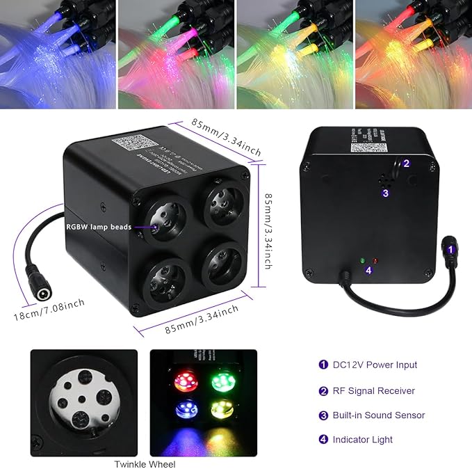 AZIMOM 4Port 36W Twinkle 600pcs 0.03in 9.8ft Fiber Optic Starlight Headliner Kits 4Colors Light Source Sound Activated Remote APP Control Home Indoor Ceiling Car Headliner Decoration