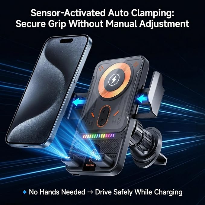 Motorized 90-Degree Rotating Wireless Car Charger Mount with Auto Clamping, 15W Fast Wireless Charging Air Vent Phone Holder for Most Smartphones (Black)
