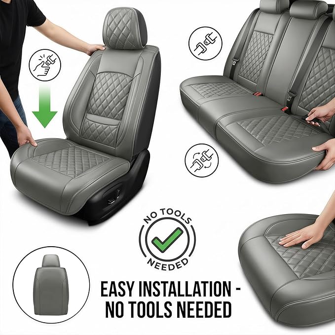 Santa Fe Seat Covers Custom Fit for Hyundai Santa Fe 2007-2026 (Only 5-Seat Version) - Full Set Premium Leather, Waterproof, All-Weather, Airbag Compatible, Only 2 Front seat Covers (Gray)