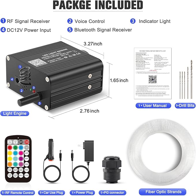 16W Twinkle Starlight Headliner Kit, 400pcs of (0.03+0.04+0.06in)*9.8ft Fiber Optic Strands Bluetooth APP/Remote/Music Control, RGBW Star Ceiling Light Kit+Adapter+Car Use Plug for Car