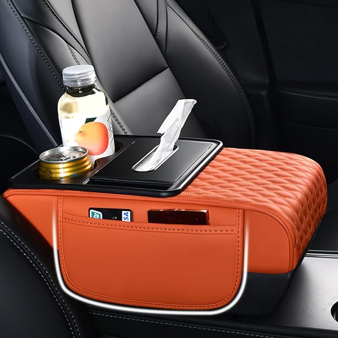 Car Center Console Armrest Pad, Arm Rest Box Cushion with Ergonomic Height Boost, Storage Pockets, Built-in Tissue Box, Cupholder, Fit for Most Sedan Vehicles (Embroidery Water Ripple, Grey)
