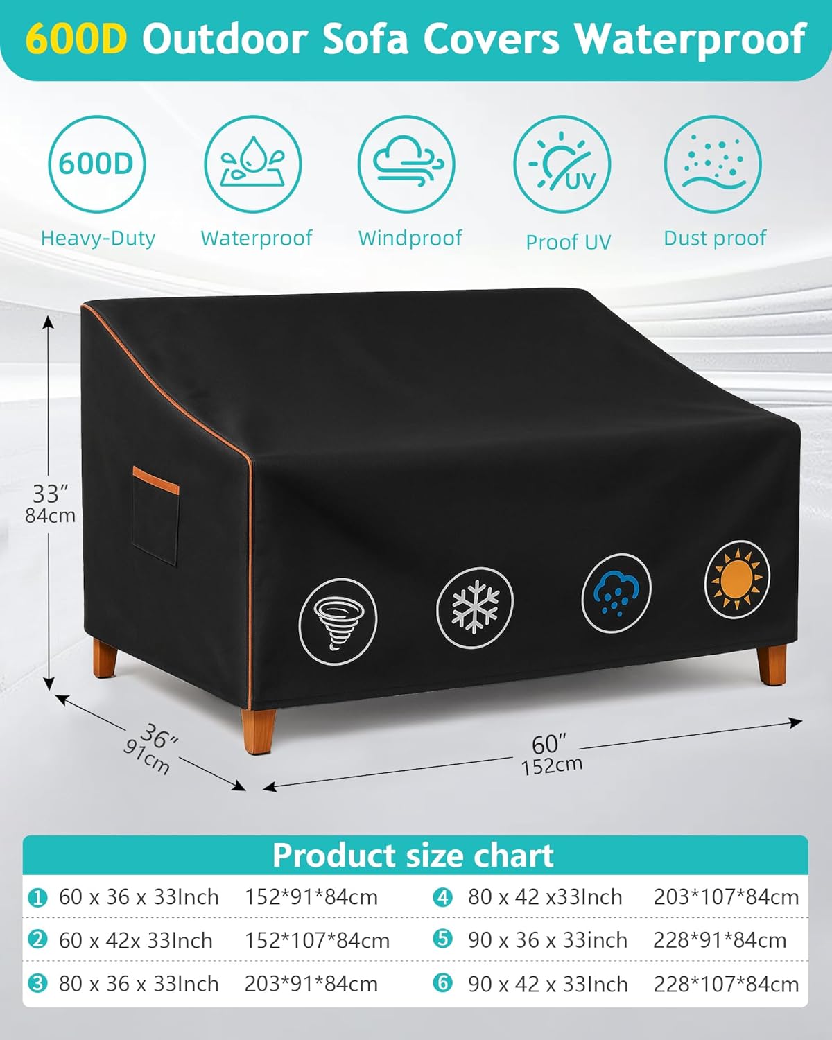 Outdoor Sofa Cover, Waterproof Patio Furniture Cover 60W x 36D x 33H inches Heavy Duty 600D Oxford Fabric Black